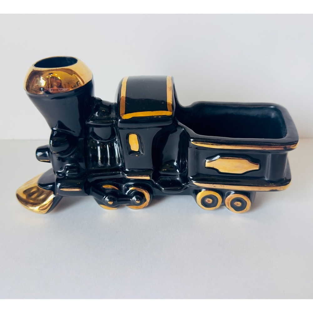 Vintage Black Ceramic Steam Engine Train Planter Gold Trim Locomotive Decor